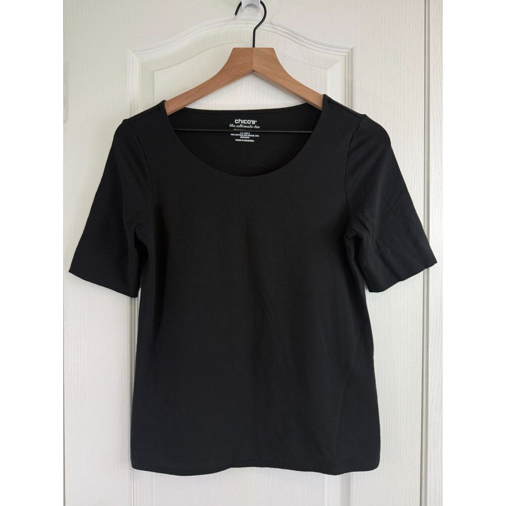 Chico's Women's The Ultimate Tee Short Sleeve Black Cotton Modal Top Size S